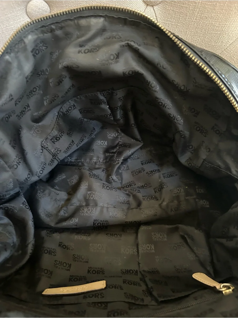 Michael Kors Black Patent Satchel with Beige Trim and MK Charm
